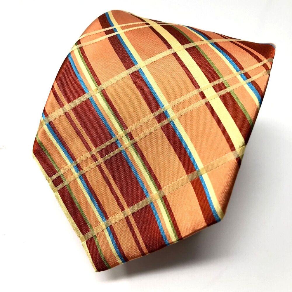 Ted Baker London Mens Silk Necktie Orange Plaid Blue Yellow Stripe Hand Tailored